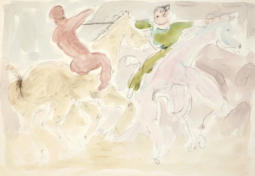 Oscar Barblan, Duello, Water-colour on paper, 35 x 50 cm, 1978