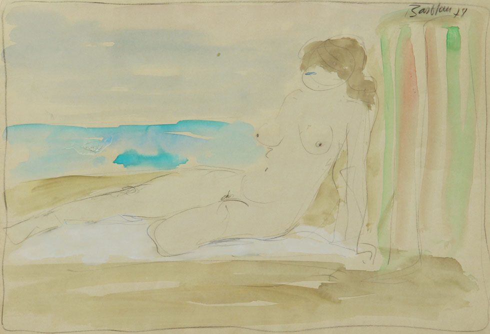 Oscar Barblan, Nudo in spiaggia, Water-colour on paper, 35 x 50 cm, 1978