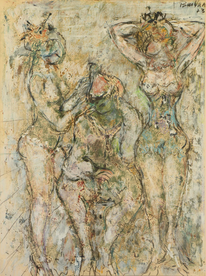 Oscar Barblan, Pagliaccio e ballerine, Mixed technique on paper, 67 x 50 cm, 1973