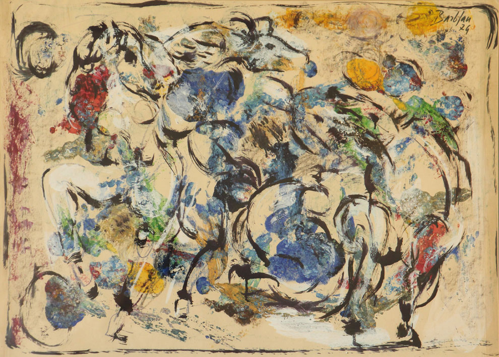 Oscar Barblan, Composizione con cavalli, Mixed technique on paper, 48 x 68 cm, 1974