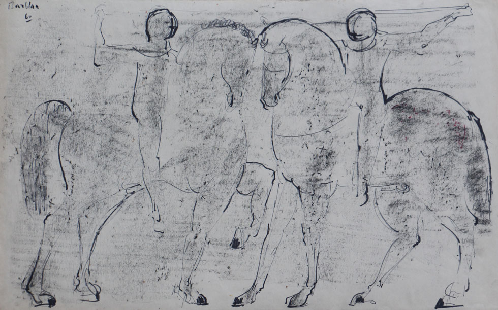 Oscar Barblan, Duello, Charcoal and Colored drawing on paper, 39 x 59 cm, 1960